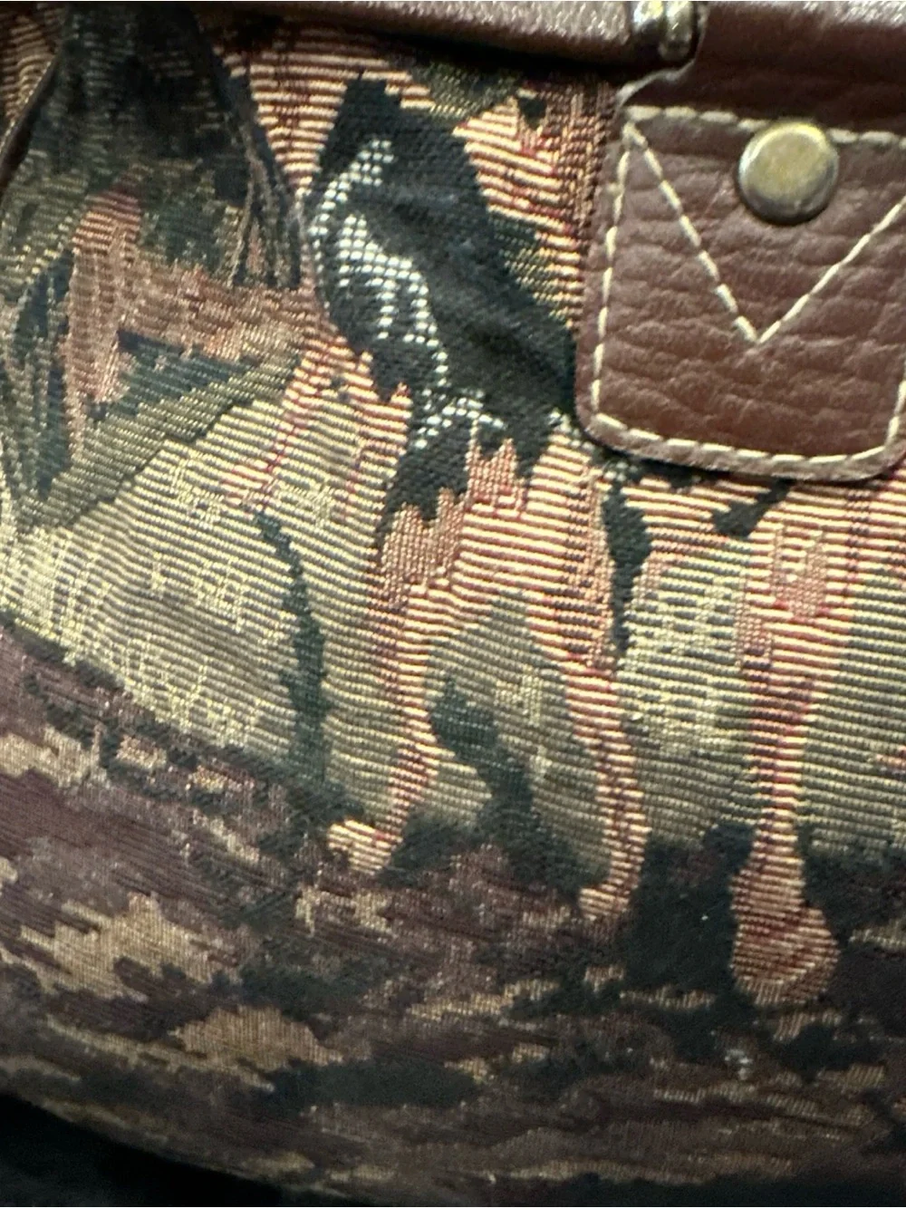 Capezio Brown Tapestry Duffel with Leather Trim Equestrian Hunt Scene